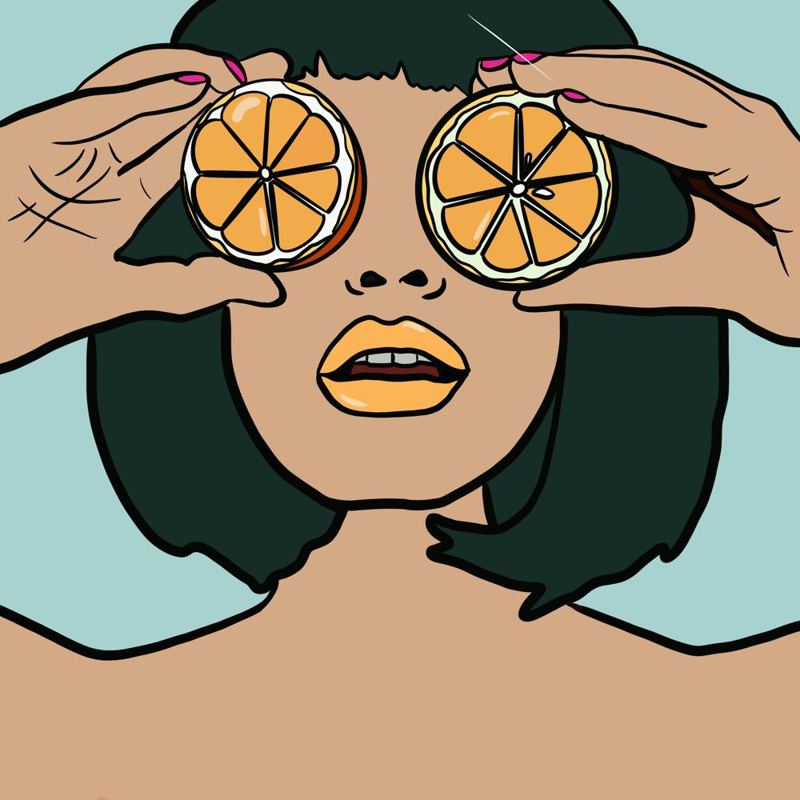Ilustración de Reidy Vivó: una mujer con dos rodajas de china sobre los ojos